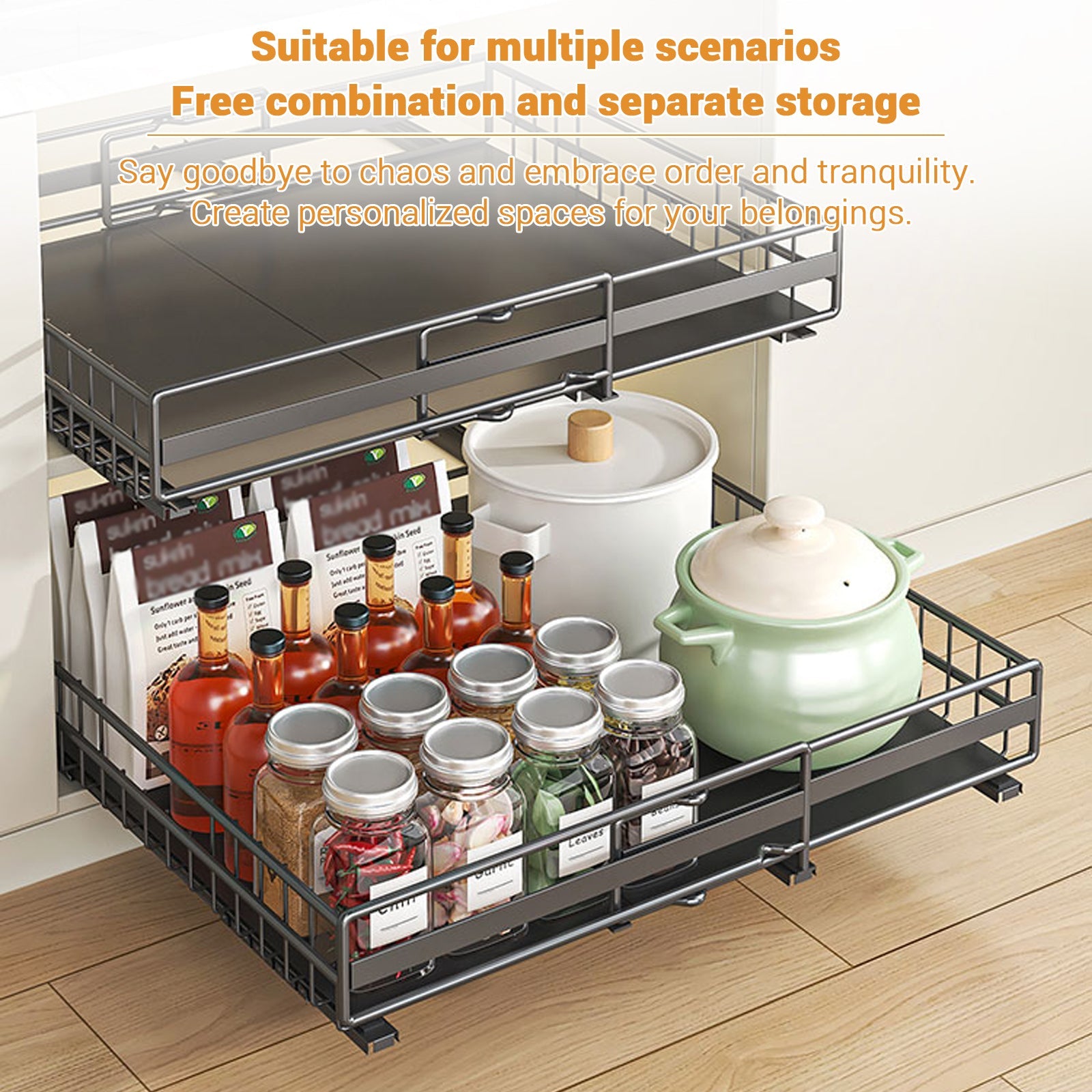 Garvee Organizer estensibile per armadietti con 3 guide regolabili, acciaio al carbonio, per cucina e bagno, 31-49 cm, nero