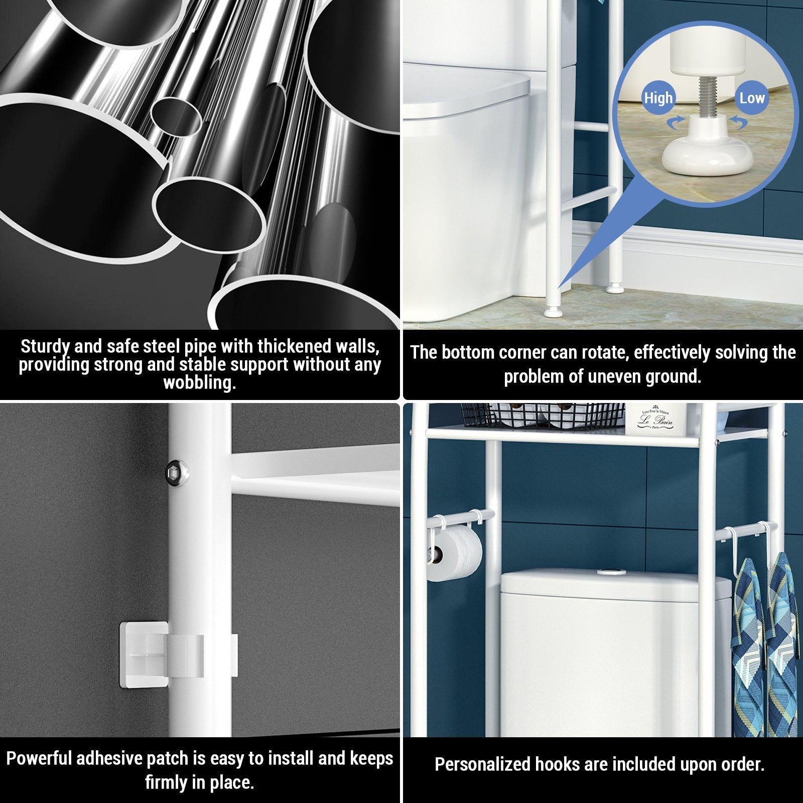 Scaffale per WC Garvee, 3 ripiani sopra il WC, ripiano per lavatrice in metallo, mobiletto salvaspazio per bagno, WC, lavanderia, 47 x 25 x 160 cm, bianco