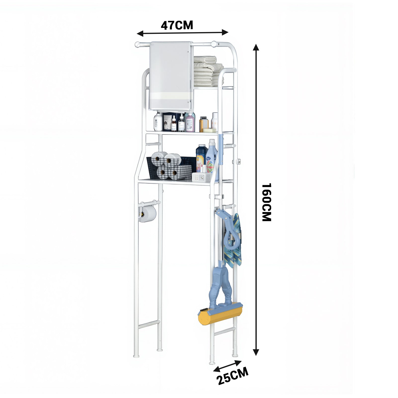 Scaffale per WC Garvee, 3 ripiani sopra il WC, ripiano per lavatrice in metallo, mobiletto salvaspazio per bagno, WC, lavanderia, 47 x 25 x 160 cm, bianco