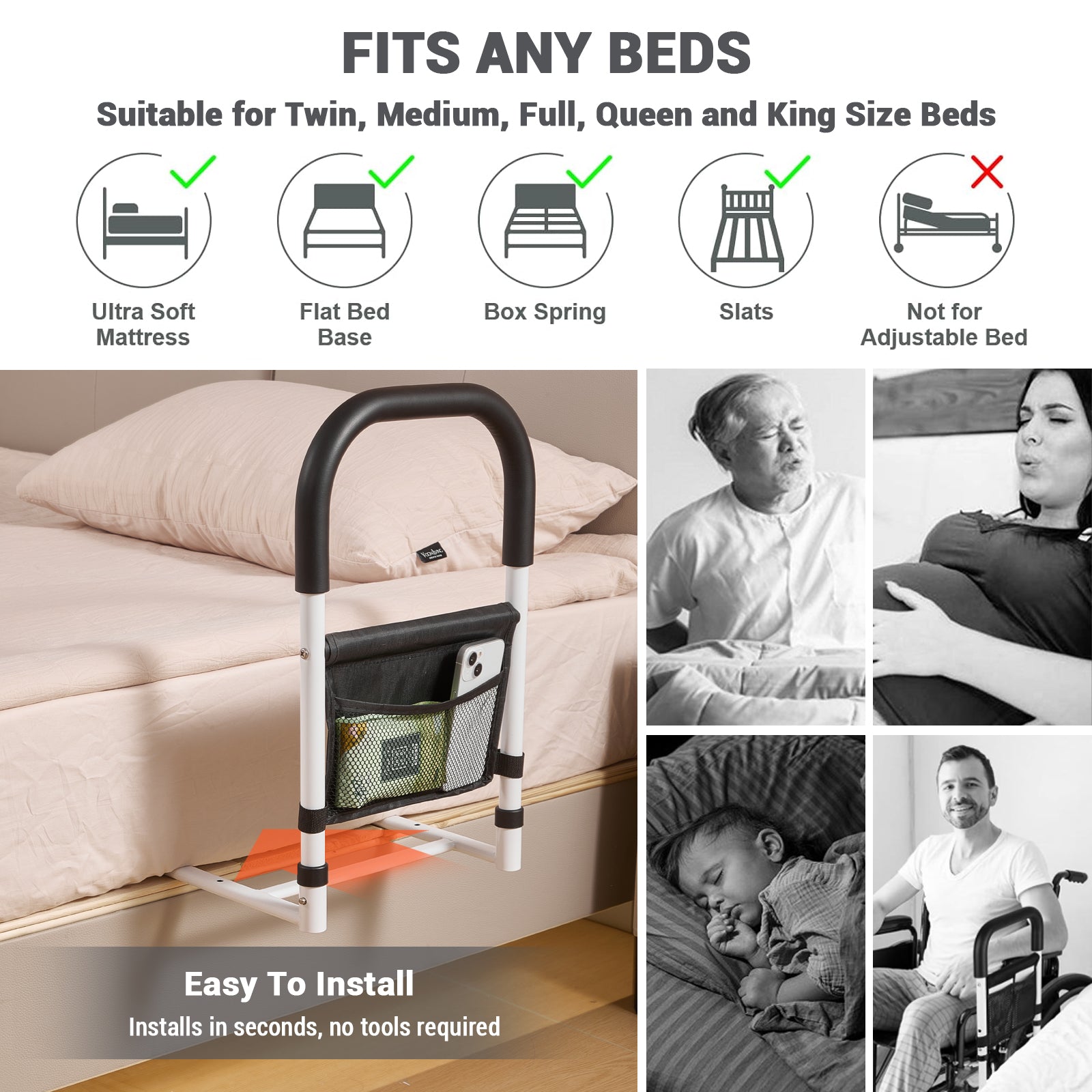 Sponda per letto Garvee per stare in piedi, regolabile, ergonomica, antiscivolo, 52x30x49 cm