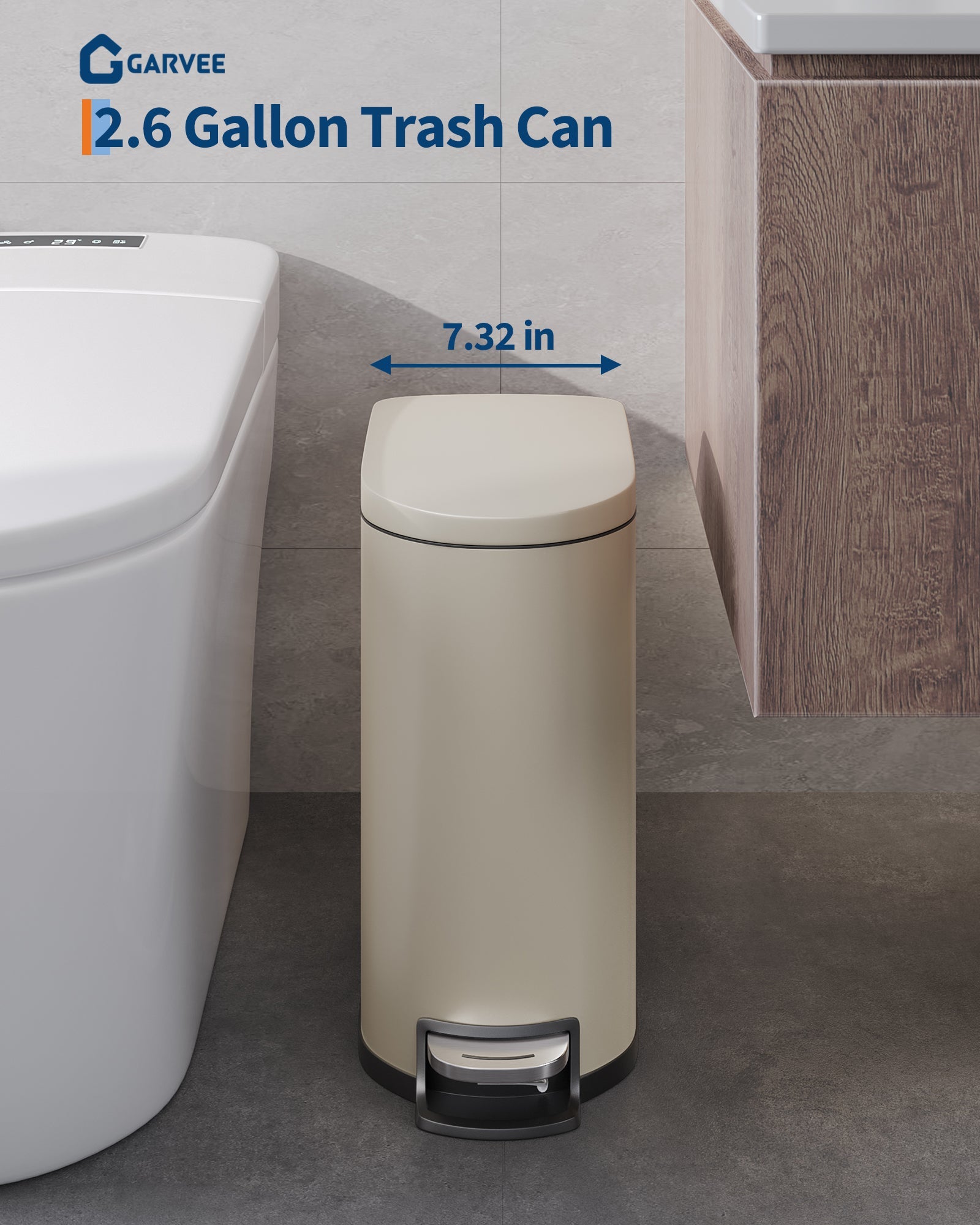 Pattumiera per bagno Garvee in metallo da 10 litri con coperchio, sottile, impermeabile, secchio interno con chiusura ammortizzata, beige sabbia, per camera da letto e bagno