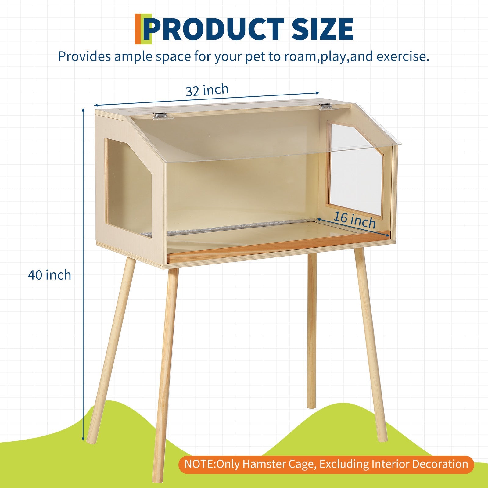 Gabbia per criceti in legno Garvee con gambe per porcellini d'India e cincillà, ampia superficie, finestra in acrilico resistente ai morsi, 32"x16"x40"