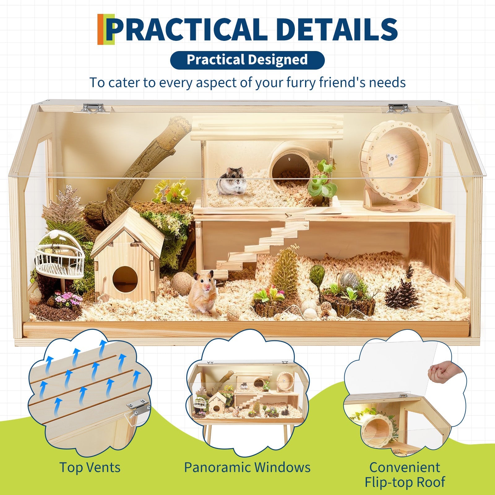 Gabbia per criceti in legno Garvee con gambe per porcellini d'India e cincillà, ampia superficie, finestra in acrilico resistente ai morsi, 32"x16"x40"