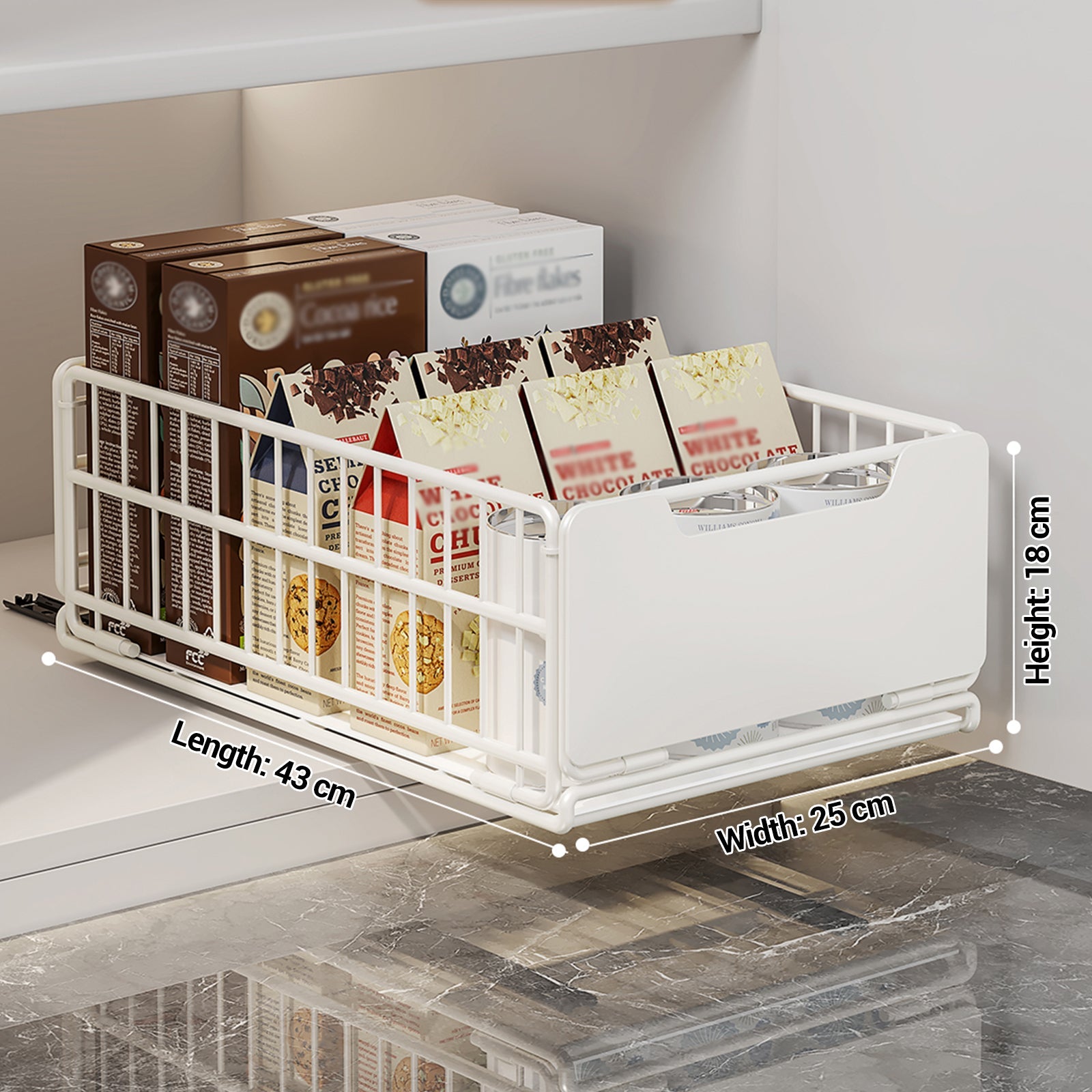 Garvee, cassetto pieghevole ed estensibile, organizer sottopensile scalabile per mobili da cucina, 43 x 25 x 18 cm, metallo, non richiede fori, bianco