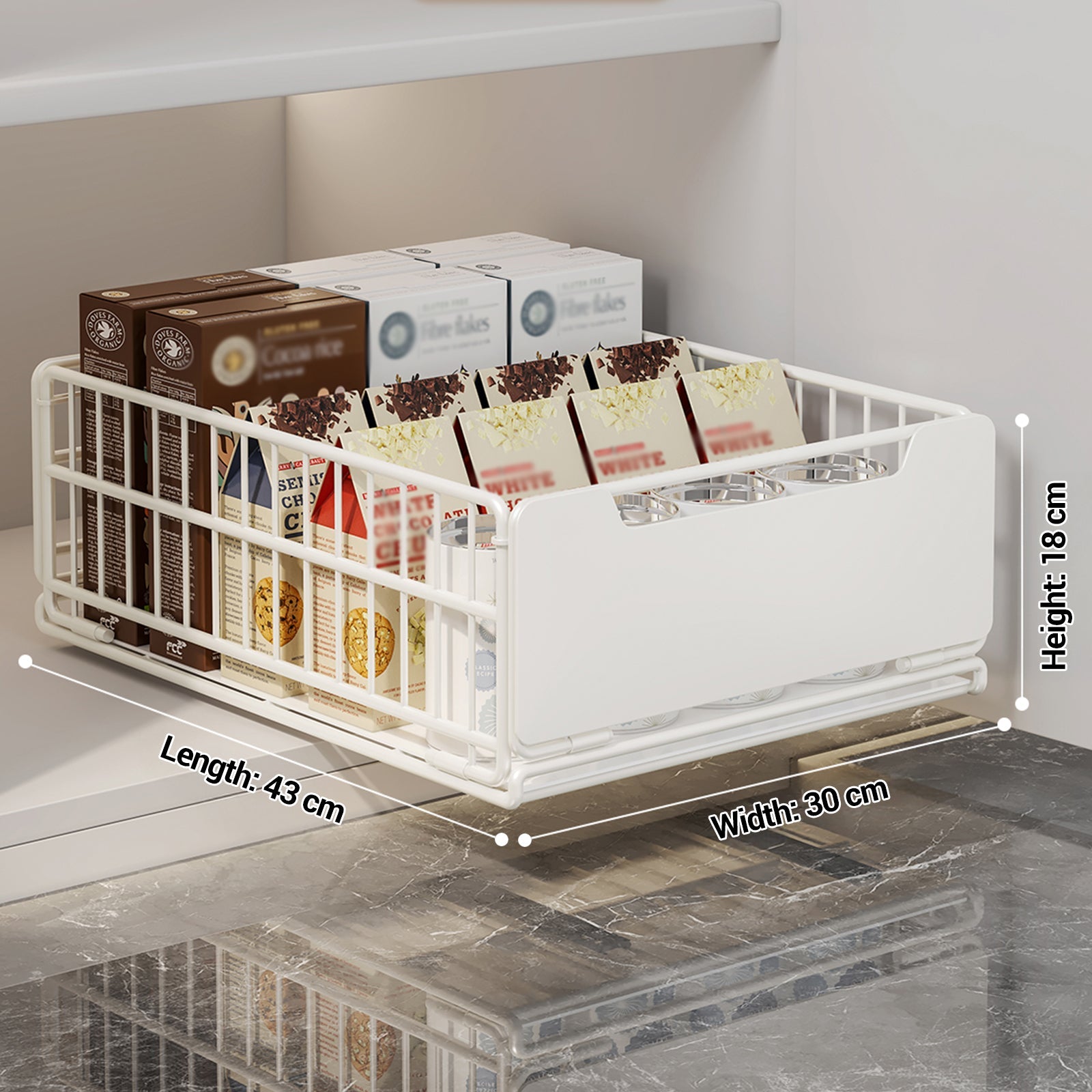 Garvee, cassetto pieghevole ed estensibile, organizer per armadio scalabile, cestino portaoggetti in metallo per dispensa e bagno, non richiede fori, 43 x 30 x 18 cm, bianco
