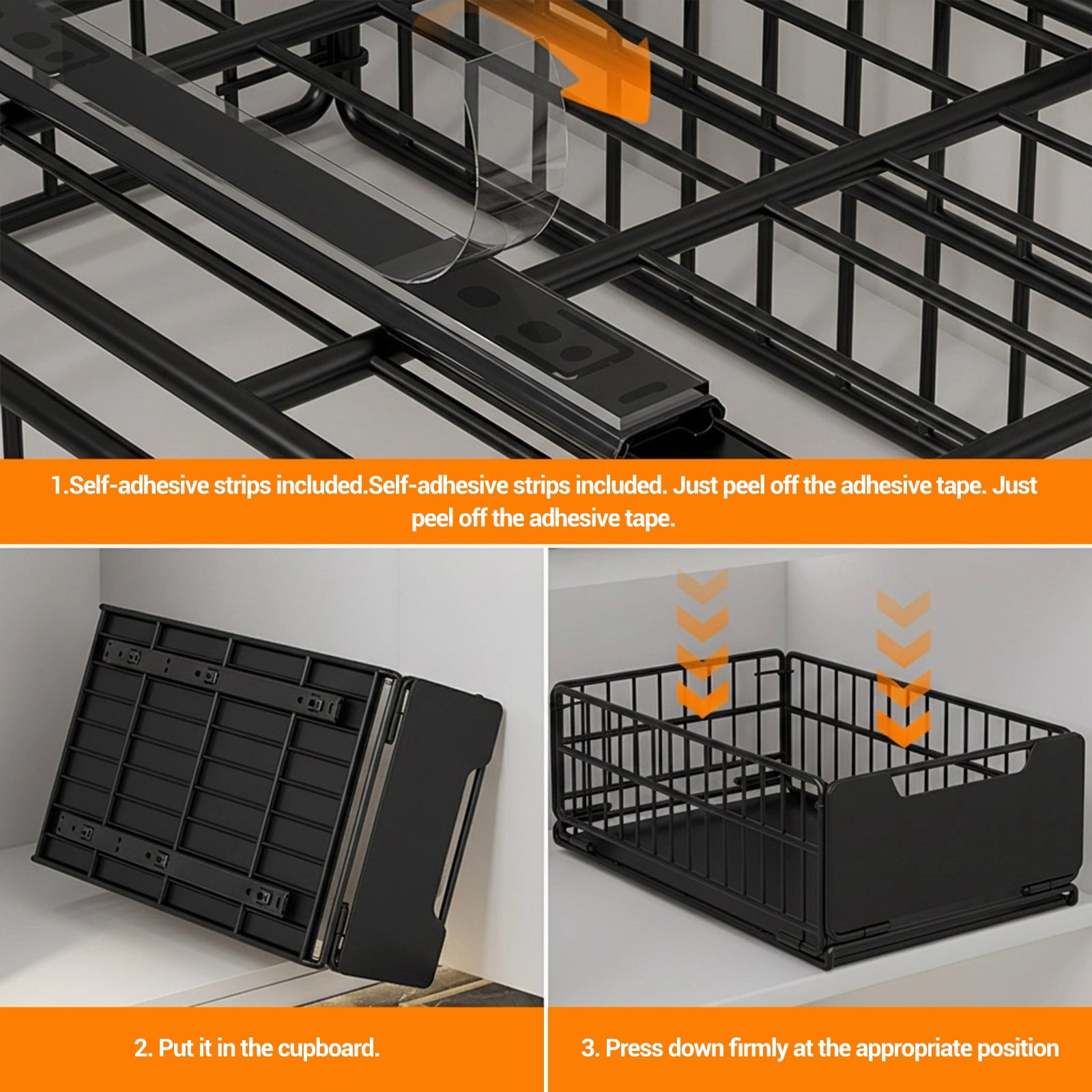 Garvee, cassetto pieghevole ed estensibile, organizer per armadio scalabile, cestino portaoggetti in metallo per dispensa e bagno, non richiede fori, 43 x 25 x 18 cm, nero
