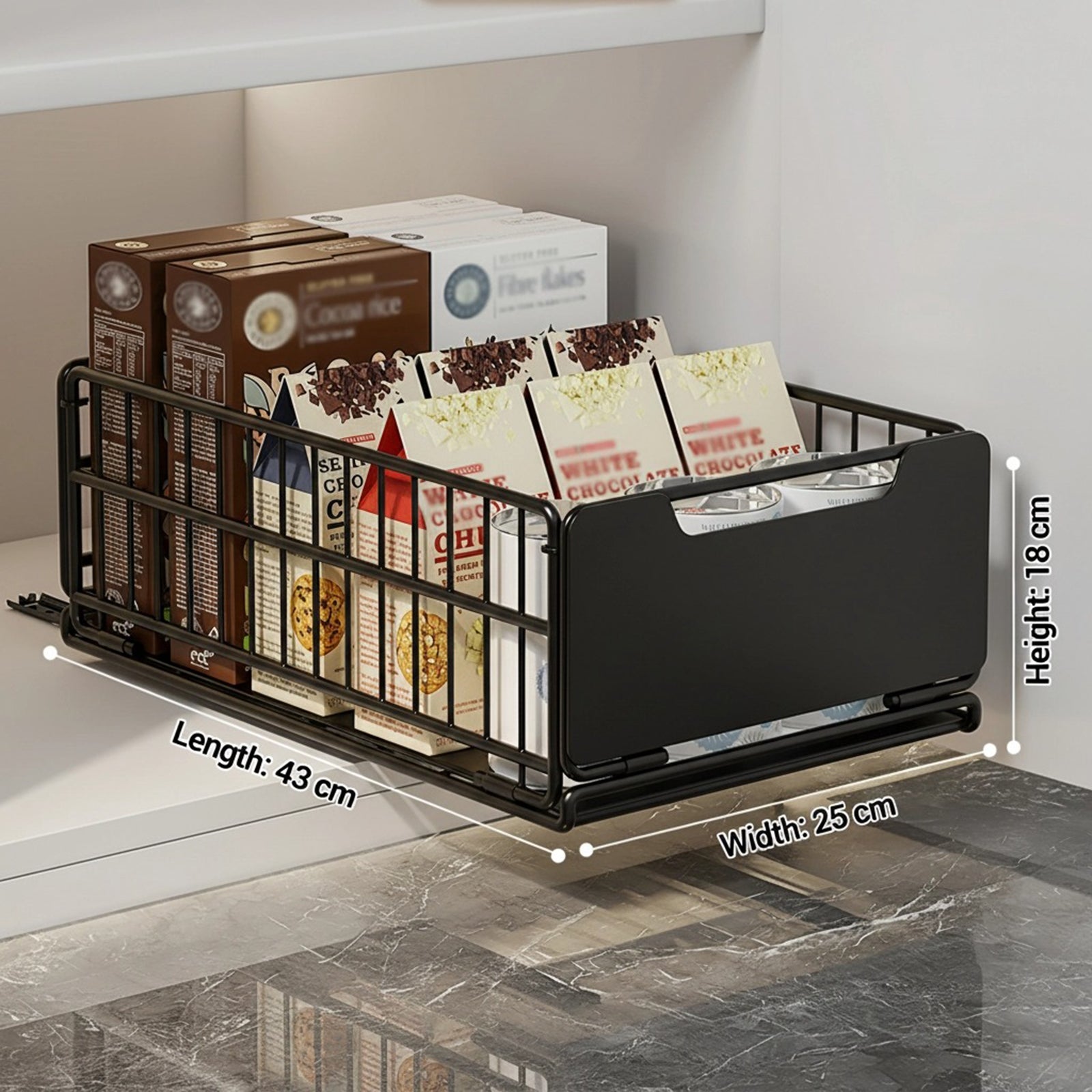 Garvee, cassetto pieghevole ed estensibile, organizer per armadio scalabile, cestino portaoggetti in metallo per dispensa e bagno, non richiede fori, 43 x 25 x 18 cm, nero
