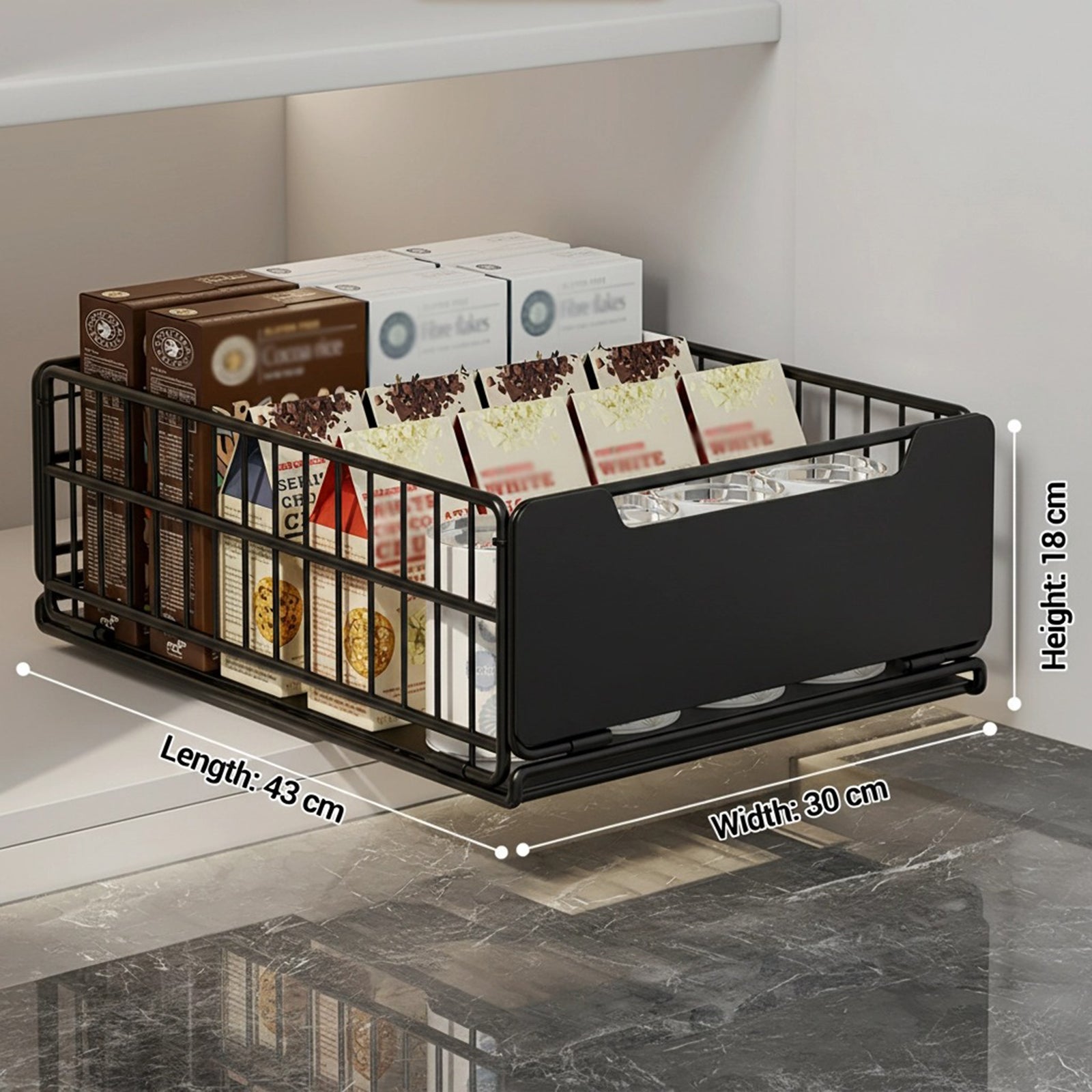 Garvee, cassetto pieghevole ed estensibile, organizer per armadio scalabile, cestino portaoggetti in metallo per dispensa e bagno, non richiede fori, 43 x 25 x 18 cm, nero
