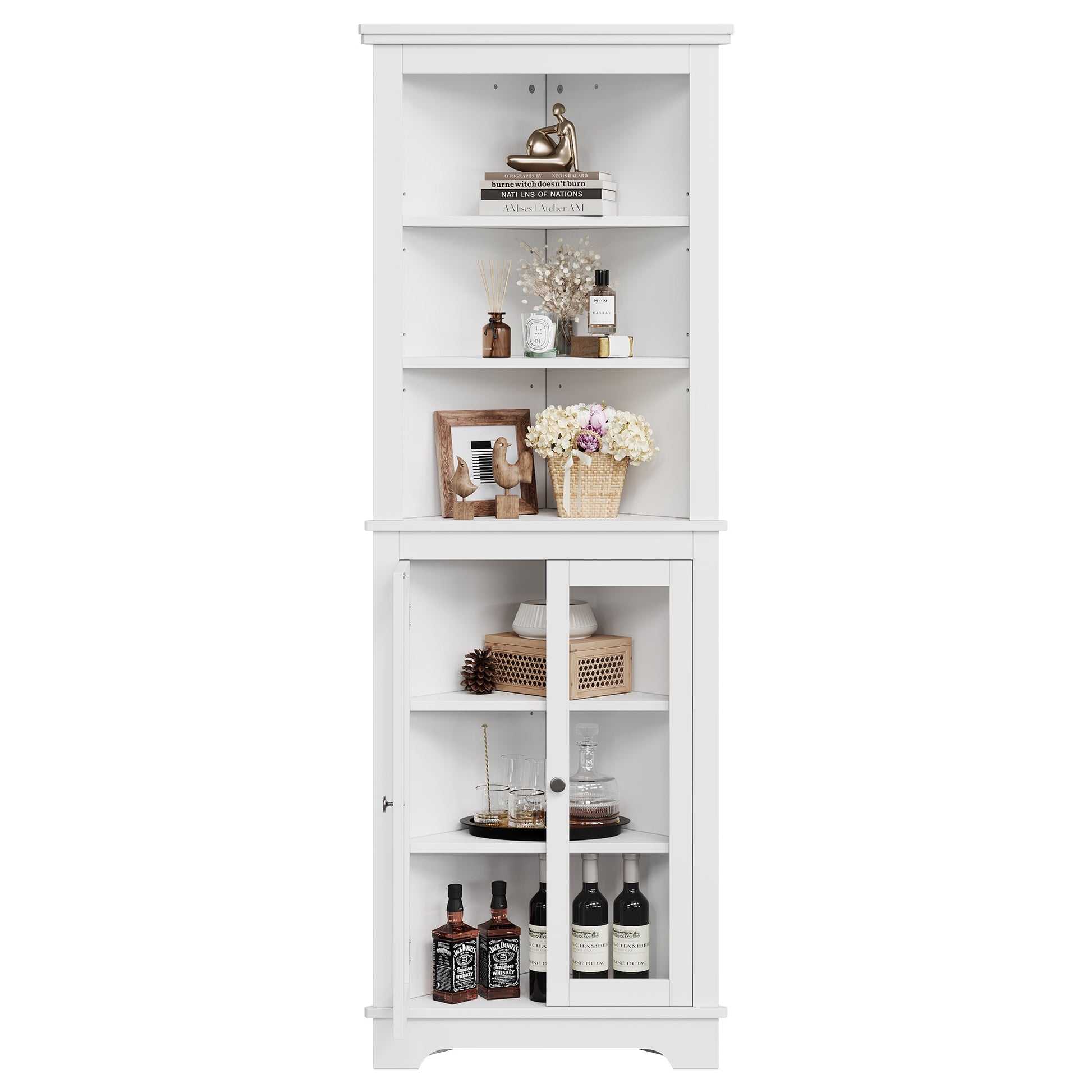 Mobiletto angolare alto Garvee da 64" con 2 ante in vetro e ripiani regolabili per soggiorno e cucina, bianco, salvaspazio