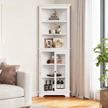 Mobiletto angolare alto Garvee da 64" con 2 ante in vetro e ripiani regolabili per soggiorno e cucina, bianco, salvaspazio