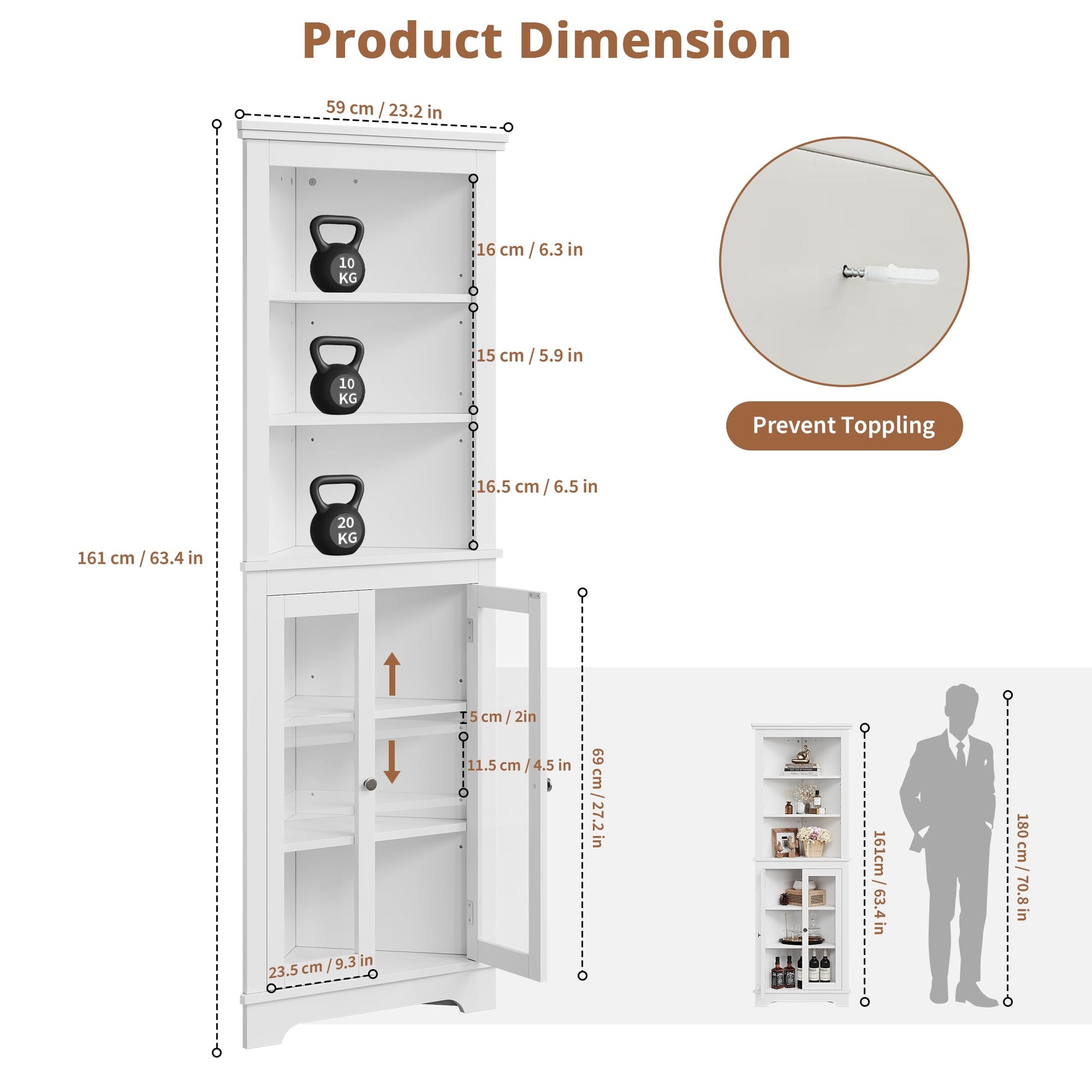 Mobiletto angolare alto Garvee da 64" con 2 ante in vetro e ripiani regolabili per soggiorno e cucina, bianco, salvaspazio