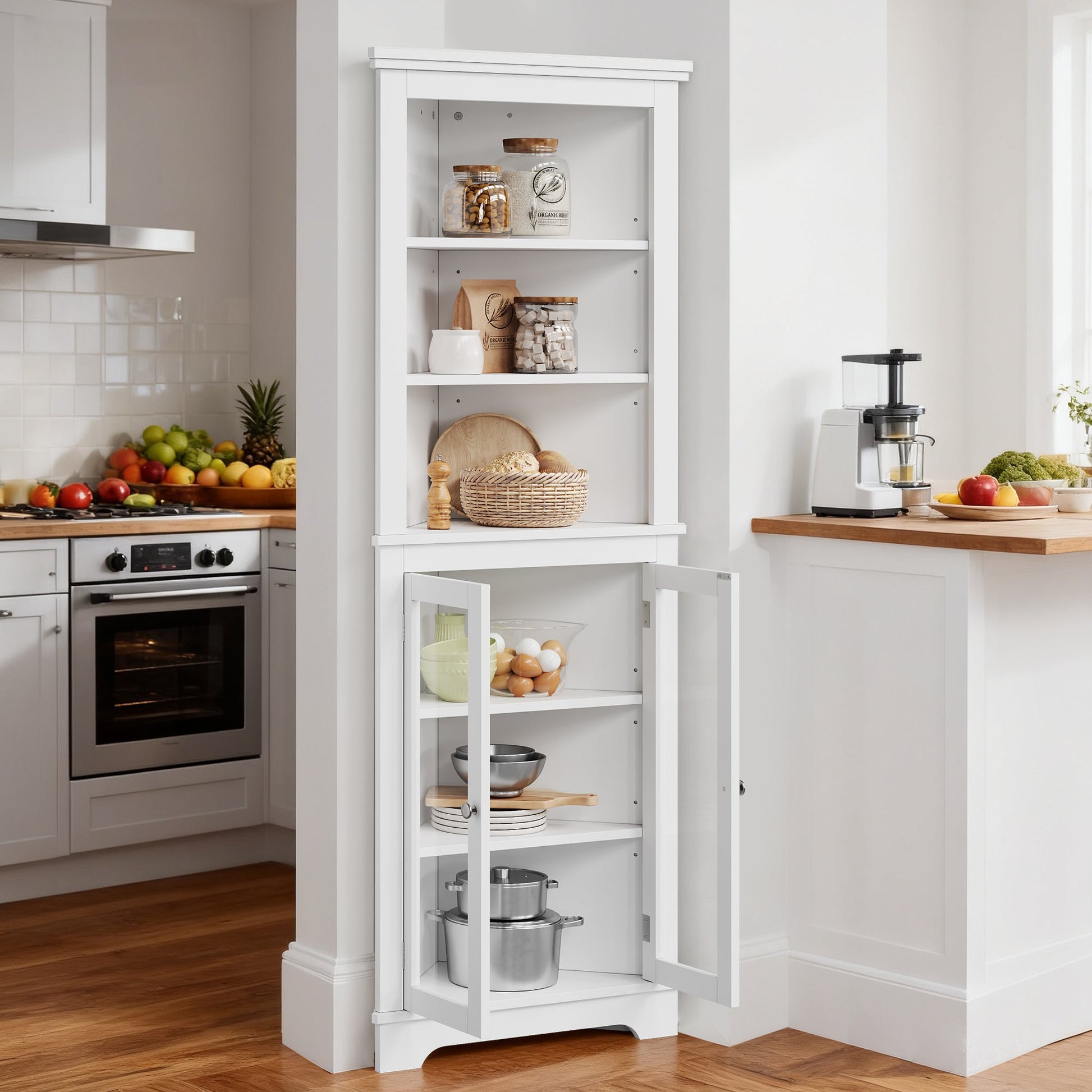 Mobiletto angolare alto Garvee da 64" con 2 ante in vetro e ripiani regolabili per soggiorno e cucina, bianco, salvaspazio