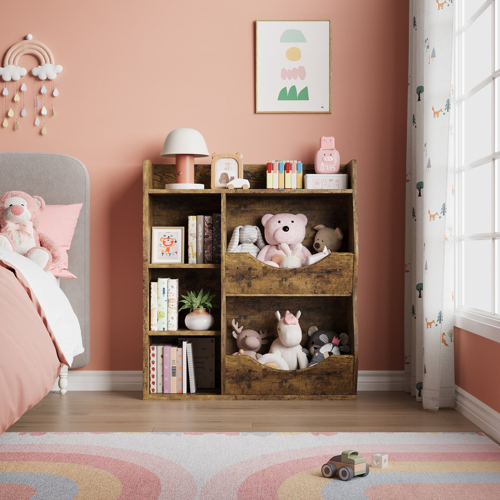 Scaffale portagiochi per bambini Garvee a 3 ripiani con 5 scomparti, MDF robusto, multifunzionale per camera da letto e cameretta, bianco compatto