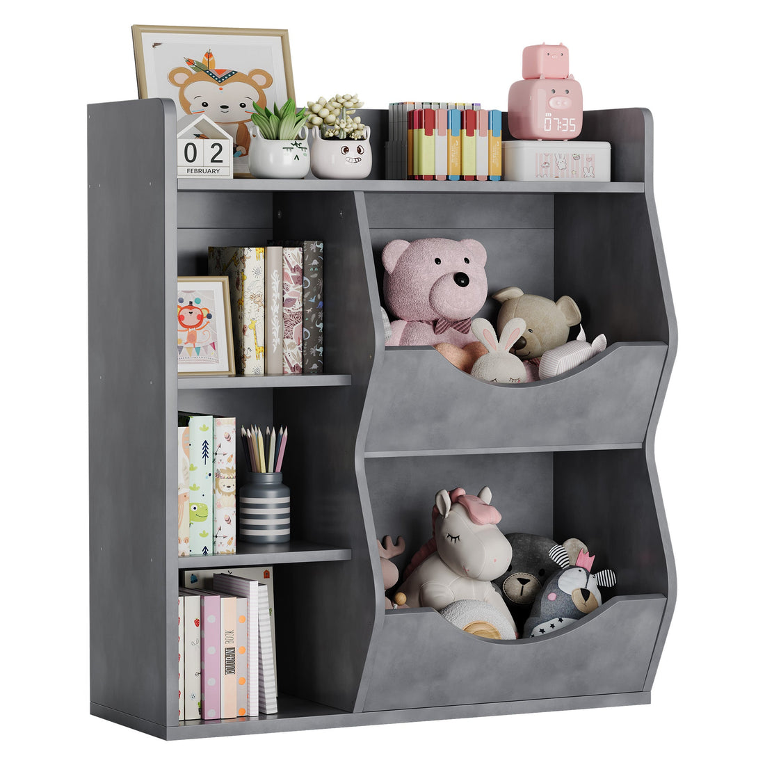 Scaffale portagiochi per bambini Garvee a 3 ripiani con 5 scomparti, bifacciale, grigio, per camera da letto e cameretta dei bambini, robusto MDF, versatile