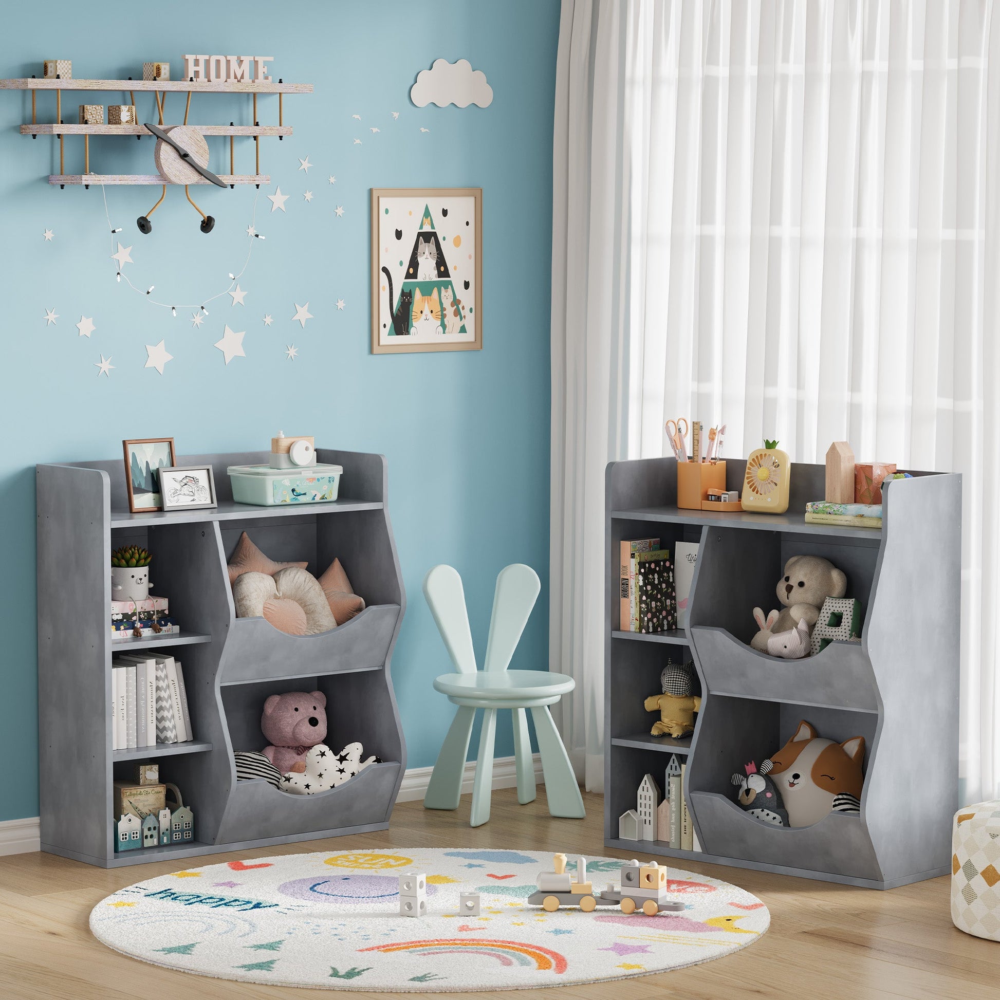 Scaffale portagiochi per bambini Garvee a 3 ripiani con 5 scomparti, bifacciale, grigio, per camera da letto e cameretta dei bambini, robusto MDF, versatile