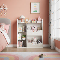 Scaffale portagiochi per bambini Garvee a 3 ripiani con 5 scomparti, bifacciale, MDF, robusto per camera da letto e cameretta, versatile, bianco