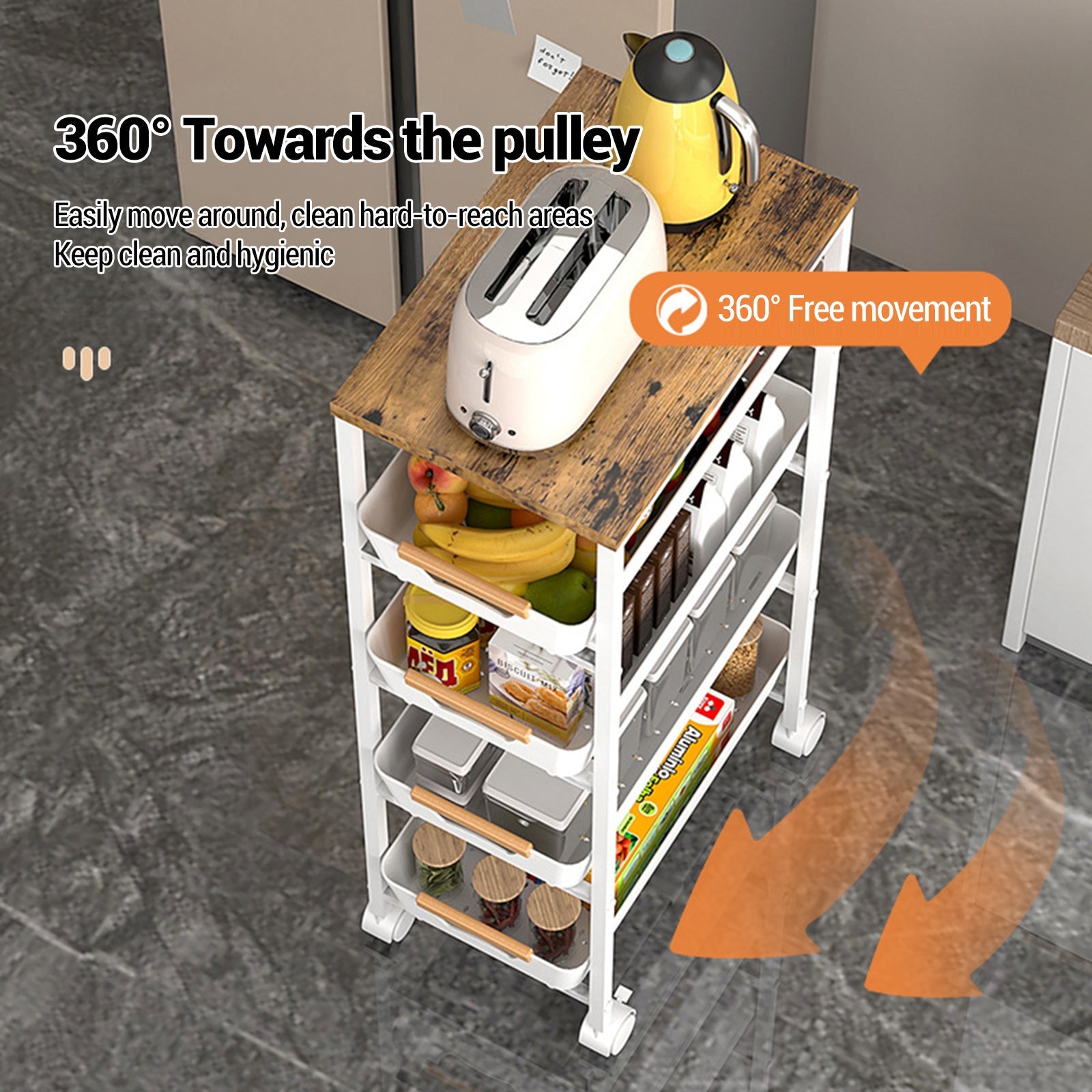 Carrello da cucina Garvee, 5 ripiani, in metallo con piano in legno, per cucina e bagno, mobile, regolabile, robusto, 4 ruote, stile vintage