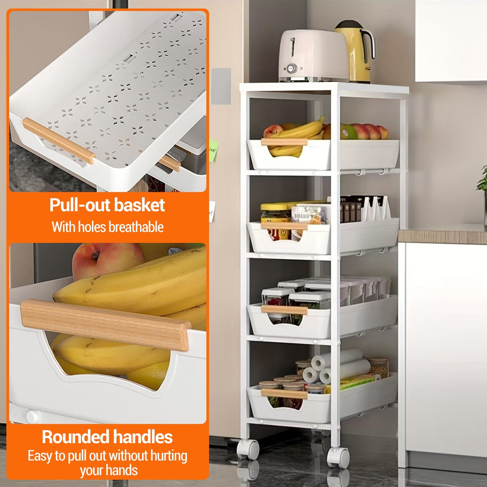 Carrello da cucina Garvee, 5 ripiani, in metallo con piano in legno, per cucina e bagno, mobile, regolabile, robusto, 4 ruote, stile vintage