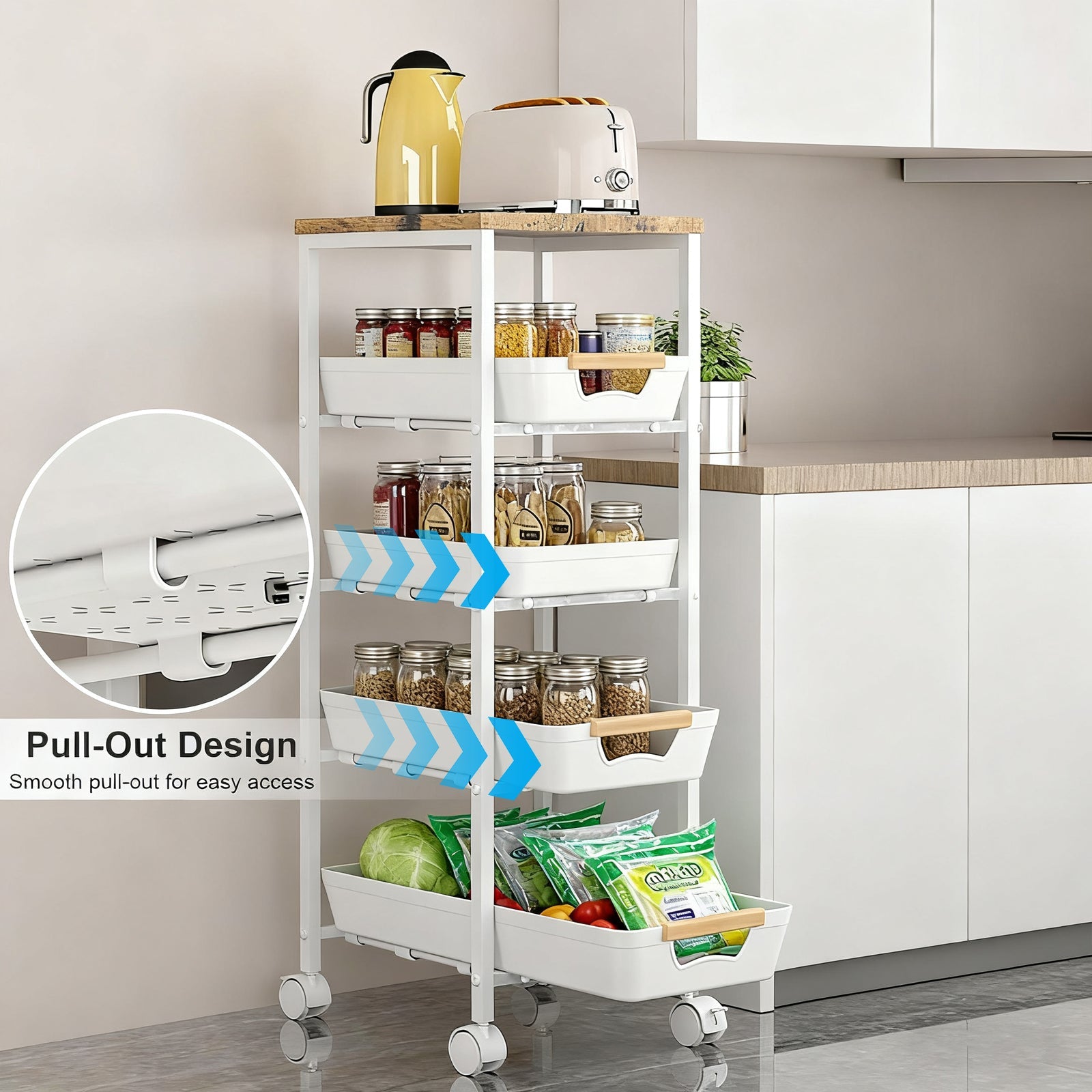 Carrello da cucina Garvee, 5 ripiani, in metallo con piano in legno, per cucina e bagno, mobile, regolabile, robusto, 4 ruote, stile vintage