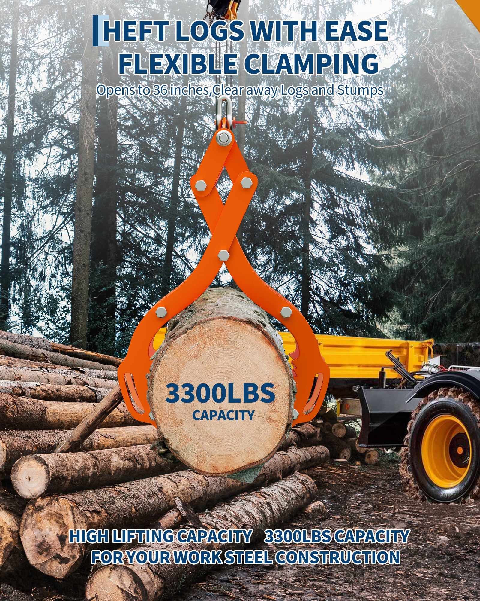 Pinza per tronchi Garvee da 36" a 4 artigli verniciata a polvere per trattori, camion, ATV, forestale, acciaio arancione da 36 pollici
