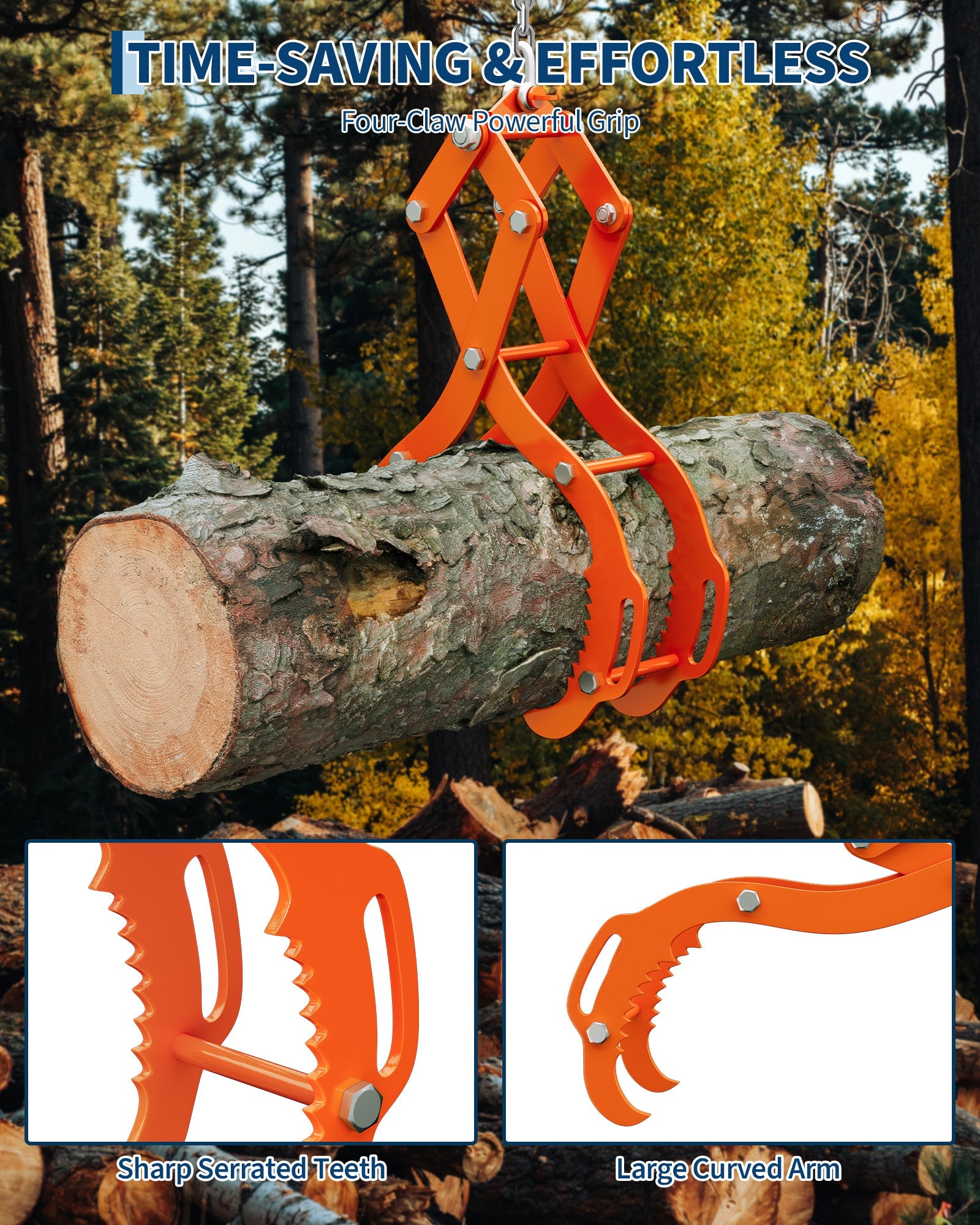 Pinza per tronchi Garvee da 36" a 4 artigli verniciata a polvere per trattori, camion, ATV, forestale, acciaio arancione da 36 pollici