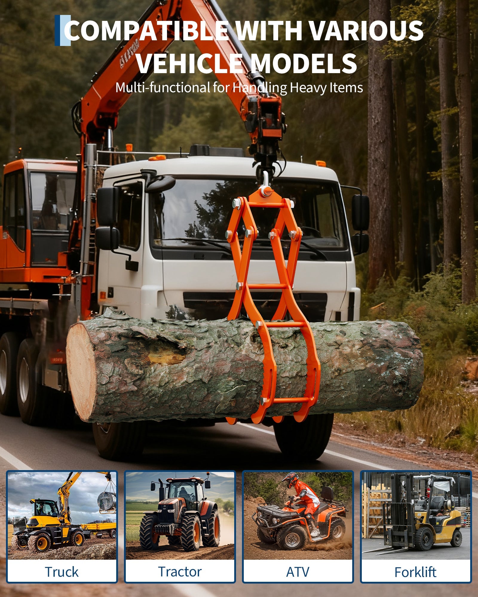 Pinza per tronchi Garvee da 36" a 4 artigli verniciata a polvere per trattori, camion, ATV, forestale, acciaio arancione da 36 pollici