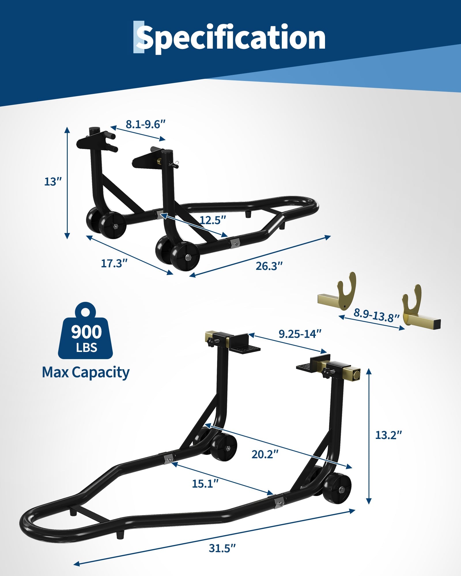 Supporto per moto Garvee, capacità 900 libbre, ruote anteriori e posteriori, freno oscillante regolabile, funzionamento nero, utilizzato in ufficio e in casa