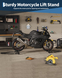 Supporto per moto Garvee, capacità 900 libbre, ruote anteriori e posteriori, freno oscillante regolabile, funzionamento nero, utilizzato in ufficio e in casa