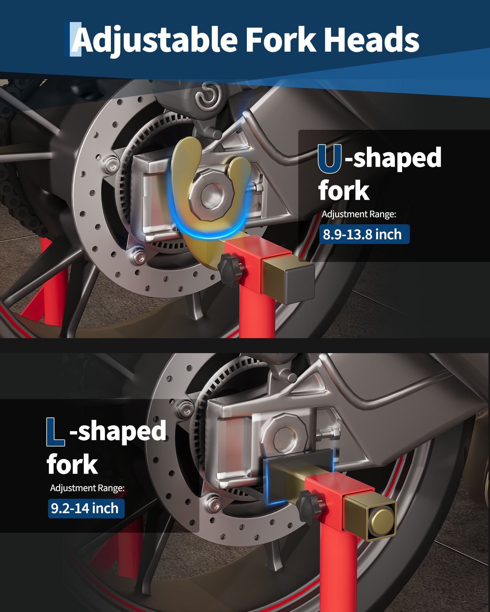 Cavalletto per moto Garvee, portata di 90 libbre, regolabile, con staffa U+L oscillante, in acciaio laminato a freddo, resistente alla ruggine, per manutenzione e riparazione