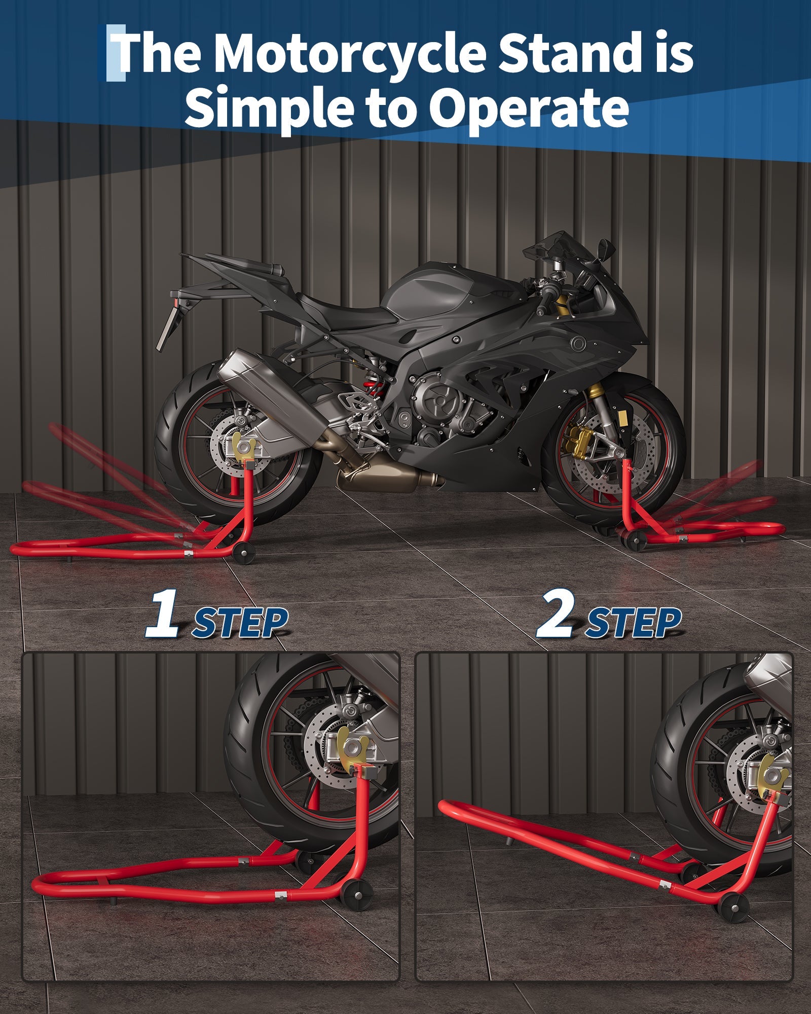 Cavalletto per moto Garvee, portata di 90 libbre, regolabile, con staffa U+L oscillante, in acciaio laminato a freddo, resistente alla ruggine, per manutenzione e riparazione