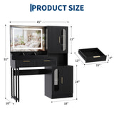 Garvee Tavolo Trucco Fluted con Specchio LED, Stazione Ricarica, Cassetti e Armadietti, 114 cm, Nero, Compatto per Camera da Letto - Black