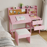 Garvee Set Scrivania e Sedia per Bambini Regolabile con Piano Inclinabile, Lavagnetta in Sughero, Cassetti, Sgabello Imbottito in Legno, Studio e Creatività, Multicolore - Pink