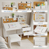 Garvee Set Scrivania e Sedia per Bambini con Piano Inclinabile, Lavagna in Sughero, Cassetti, Sgabello Imbottito in Legno, Bianco, per Studio e Creatività - White