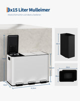 Garvee Mülleimer Küche 3 Fächer Mülltrennsystem Softclose Edelstahl Weiß 45L - Weiß