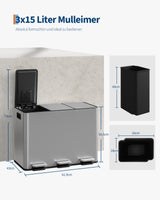 Sistema di Separazione Rifiuti Cucina Garvee 3x15L Acciaio Inossidabile Chiusura Soft-Close Coperchio Maniglia Laterale Secchio Interno Estraibile per Riciclaggio Rifiuti Organici - Edelstahlfarbe