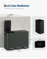 Garvee Mülleimer 3 Fächer 45L Mülltrennsystem Edelstahl Softclose Fußpedal Küche Grau-Grün - Grau-Grün