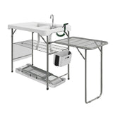 GARVEE Tavolo per Pulizia Pesce con Doppio Lavello, Rubinetto Girevole 360°, Piano in HDPE e Telaio in Ferro, Estensione Pieghevole per Camping e Giardino