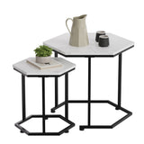 GARVEE Set 2 Tavolini da Salotto Esagonali Impilabili, Effetto Marmo Bianco, Struttura in Metallo, Design Moderno per Divano e Soggiorno