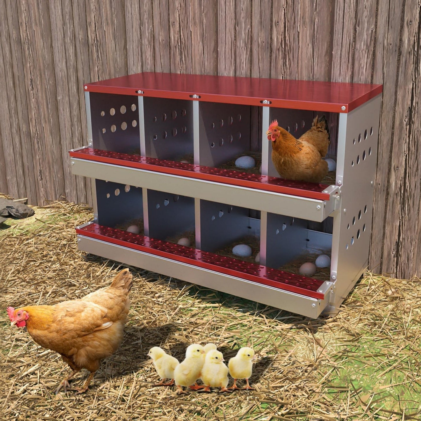 Nido per polli Garvee, pollaio zincato a 8 fori, resistente alle intemperie, rosso, per 8 polli, con design robusto e struttura resistente alle intemperie per l'uso all'aperto tutto l'anno