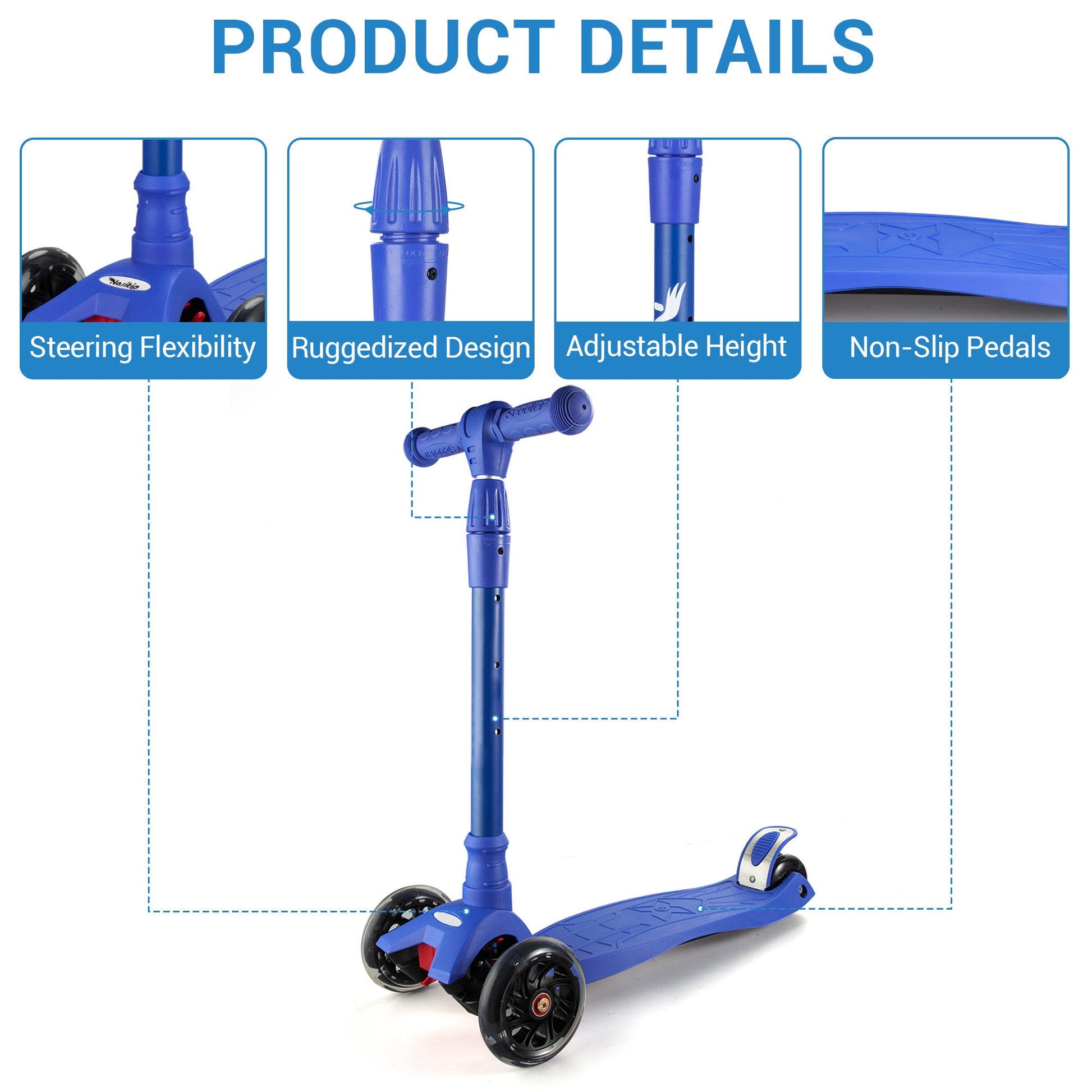 Monopattino per bambini Garvee regolabile in altezza in 3 posizioni, blu: con telaio in alluminio, ruote a LED e sterzo di sicurezza per bambini e bambine dai 3 anni in su, per uso interno ed esterno.