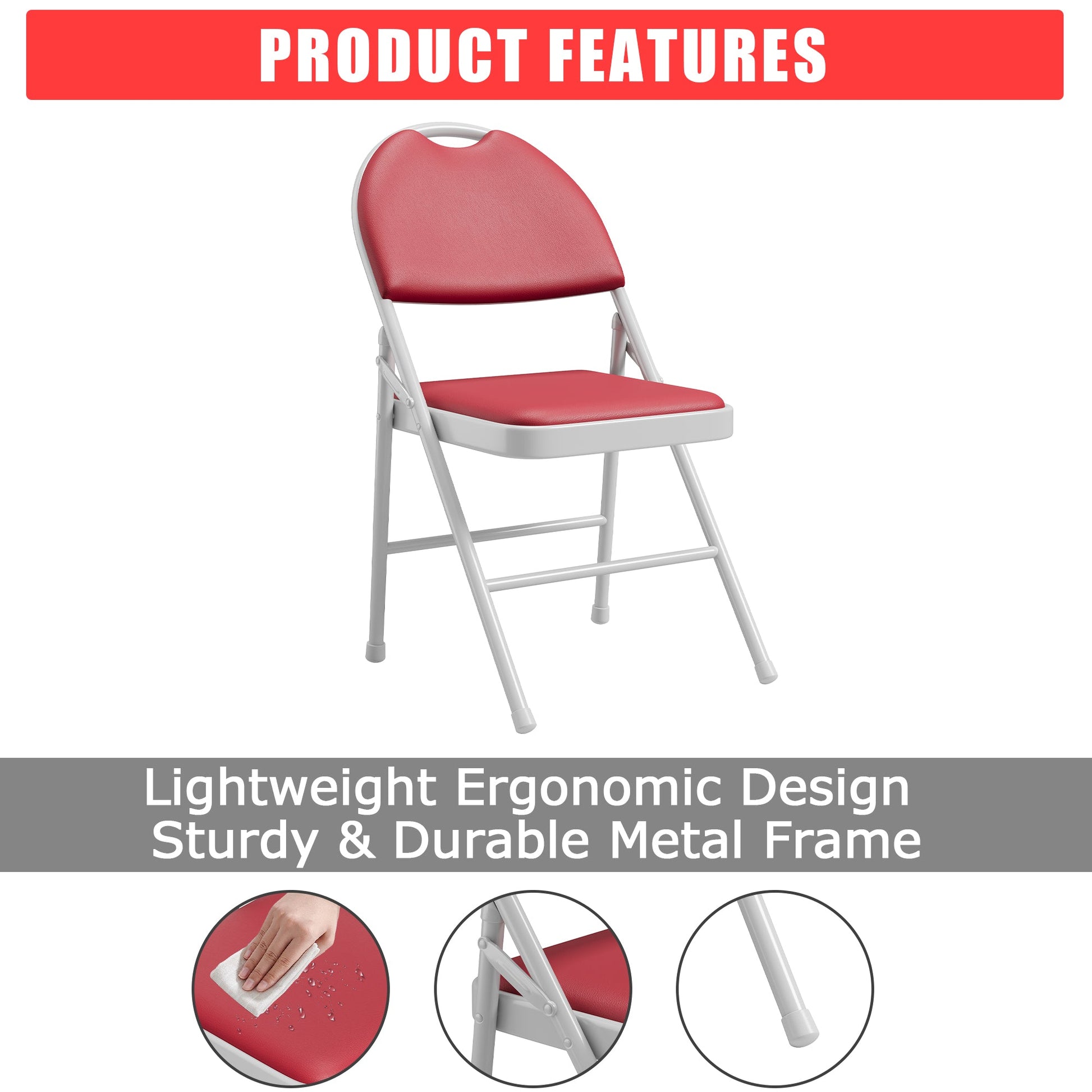 Garvee Set di 2 sedie pieghevoli con rivestimento in similpelle, metallo, pieghevoli, rosse, per uso interno ed esterno, impilabili, comode
