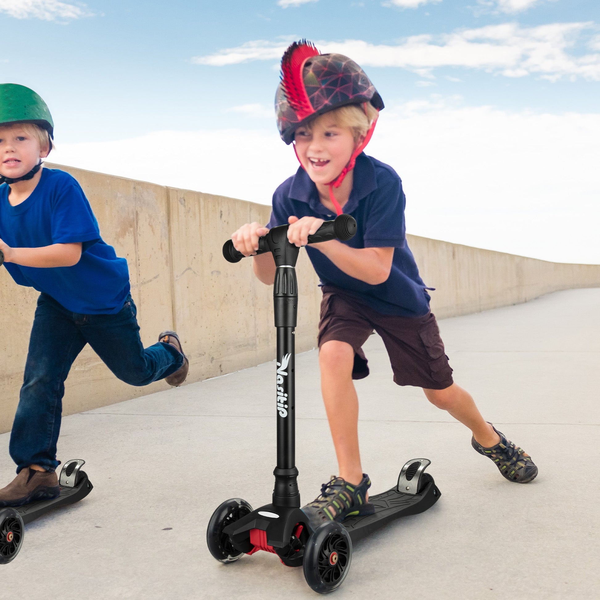 Monopattino per bambini Garvee regolabile in altezza in 3 posizioni, nero: robusto monopattino in alluminio con 3 impostazioni di altezza, ruote a LED e freno a pedale per bambini dai 3 ai 10 anni, per uso esterno.