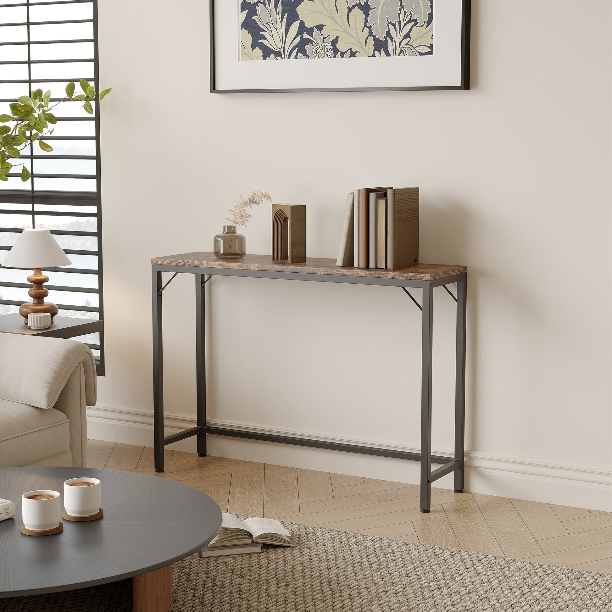Tavolo consolle Garvee, tavolo da divano industriale con ripiano, struttura in metallo MDF, soggiorno, ufficio, camera da letto, 39,4" L, grigio