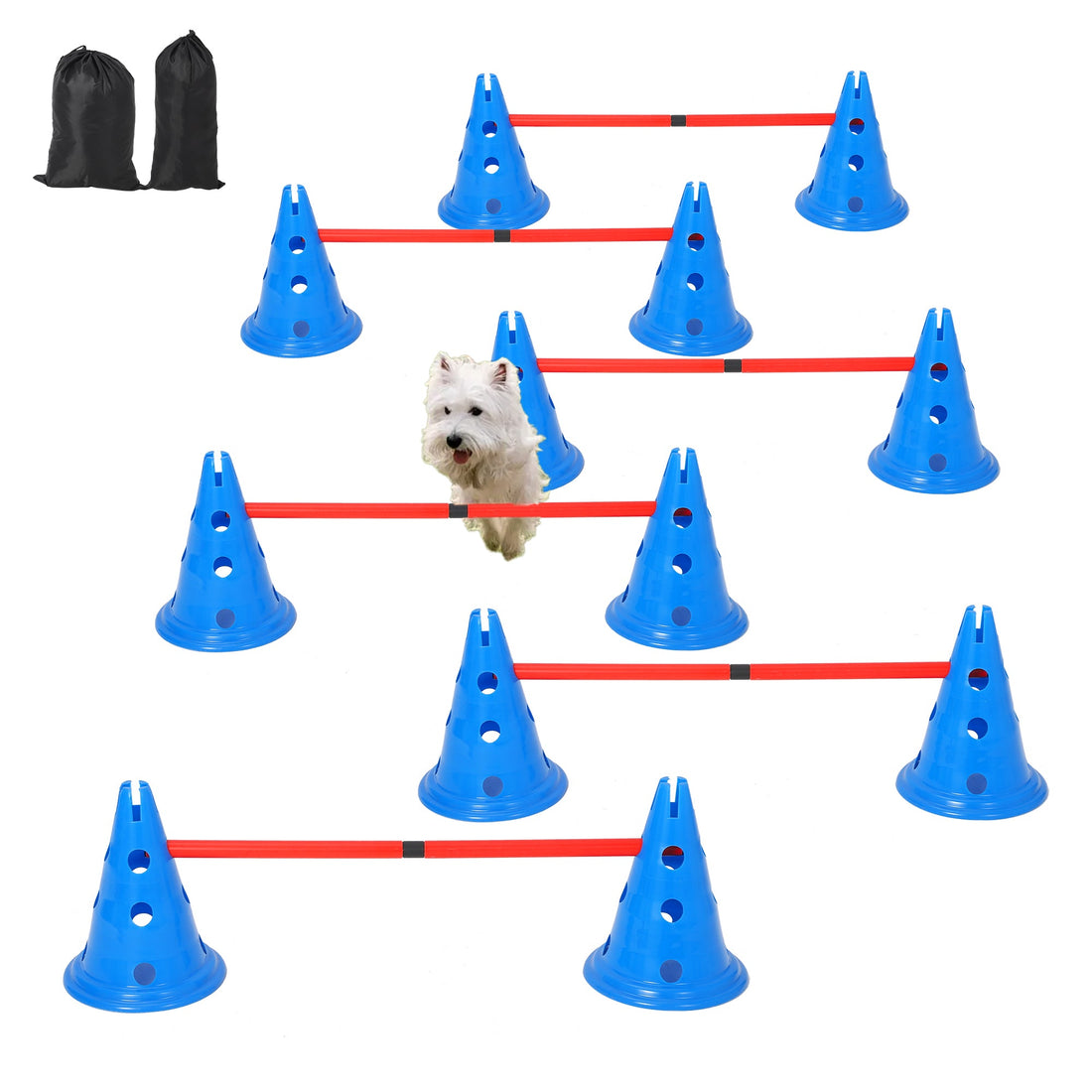 Set di ostacoli per agilità per cani Garvee con 12 coni, 6 barre, regolabili, materiale ABS per addestramento all'aperto, portatile, versatile