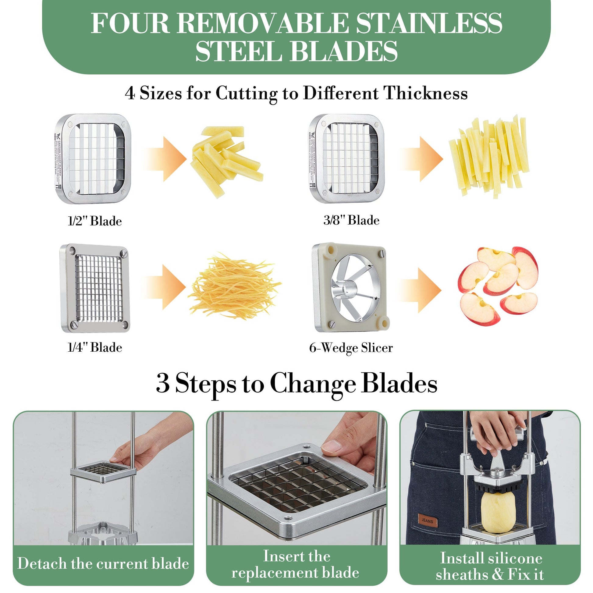 Affettatrice per verdure commerciale Garvee con 4 lame in acciaio inossidabile, impugnatura ergonomica, antiscivolo, per cucina e ristorante, varie dimensioni acciaio inossidabile