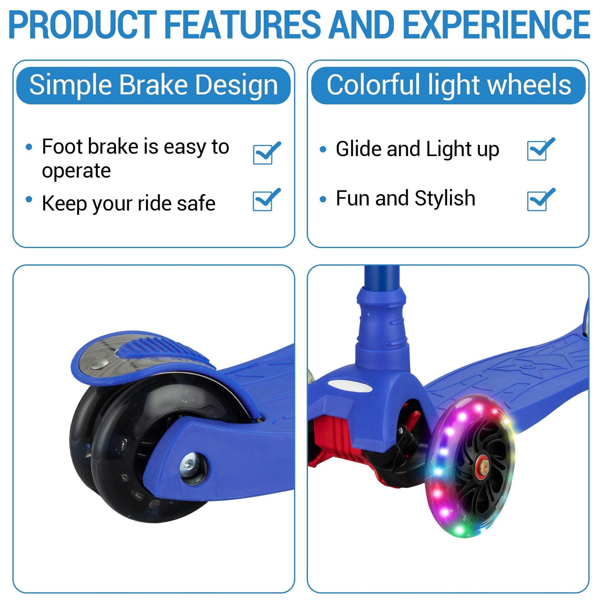 Monopattino per bambini Garvee regolabile in altezza in 3 posizioni, blu: con telaio in alluminio, ruote a LED e sterzo di sicurezza per bambini e bambine dai 3 anni in su, per uso interno ed esterno.