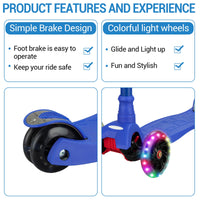 Monopattino per bambini Garvee regolabile in altezza in 3 posizioni, blu: con telaio in alluminio, ruote a LED e sterzo di sicurezza per bambini e bambine dai 3 anni in su, per uso interno ed esterno.