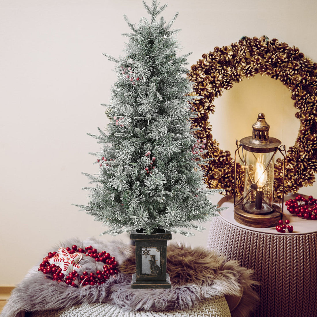 Albero di Natale Garvee da 125 cm con luci e decorazioni - base a forma di pupazzo di neve per la decorazione invernale della tavola