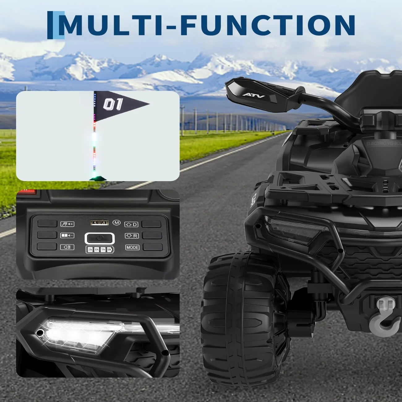 Quad elettrico per bambini Garvee 12V nero con telecomando, musica a LED per guida fuoristrada, dai 3 anni in su
