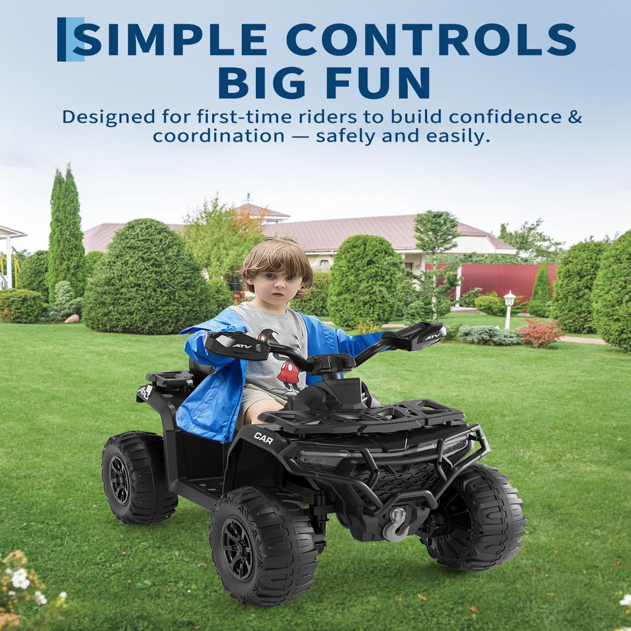 Quad elettrico per bambini Garvee 12V nero con telecomando, musica a LED per guida fuoristrada, dai 3 anni in su